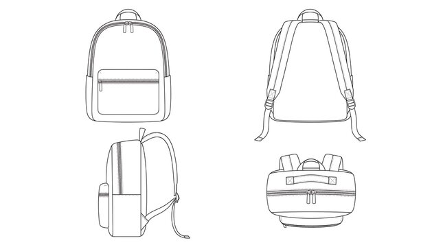 Technical line art illustration of a classic backpack showing front back side and bottom views for design reference