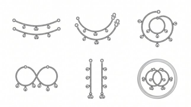 Set of silver baby anklets with charms and bells isolated on a white background