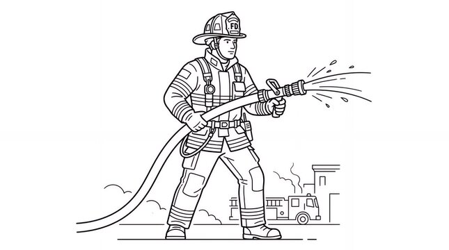 Firefighter using water hose to extinguish fire line art