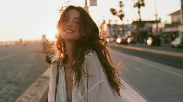 Golden Hour Glow: A young woman with wind-swept hair basks in the warm, golden light of a sunset, her eyes closed in a blissful smile as she enjoys a serene moment by the beach.