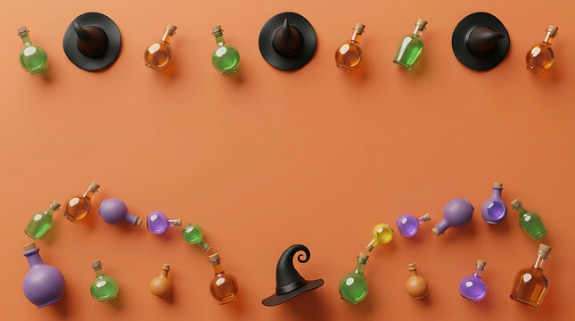 Halloween potion bottles and witch hats frame flat lay on orange background with spooky decor magic potions halloween items potion glass