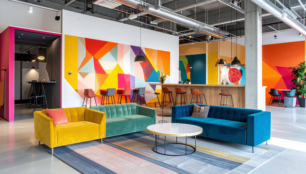 A vibrant modern office lounge with colorful velvet sofas and a bold geometric wall mural evokes creativity and comfort. Perfect for workspace design. There are no people.