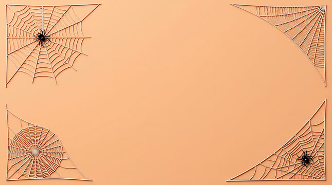 Halloween background frame featuring spider webs and spiders placed in all four corners on an orange surface spiders corner spooky background