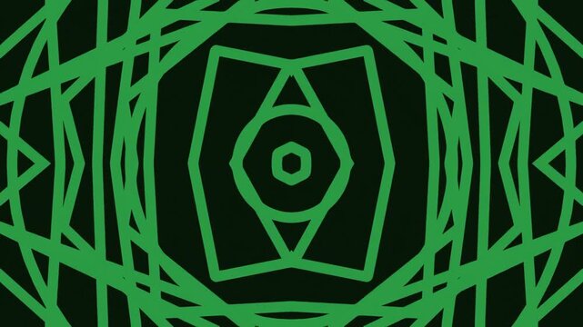 Abstract geometric green pattern with symmetrical shapes on black background