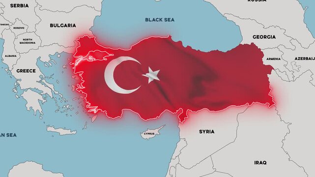 4K animation of a map of the Eastern Mediterranean and surrounding region with Turkey highlighted in the colors of the Turkish national flag.