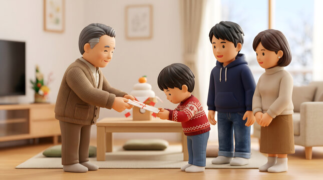 リビングでおじいちゃんからお年玉をもらう男の子と見守る両親の3Dイラスト
