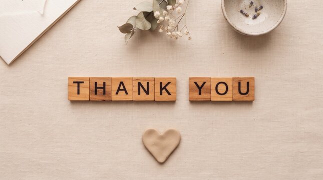 thank you phrase written with wooden letter blocks on beige fabric with dried flowers and clay heart