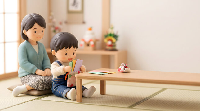 和室でお年玉袋を巾着に大切にしまう男の子と優しく見守る母親の3Dイラスト
