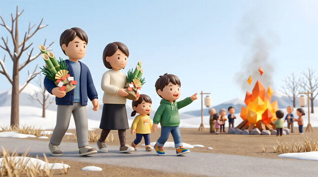 正月飾りの門松を持ってどんど焼きの火の元へ向かう4人家族の3Dイラスト
