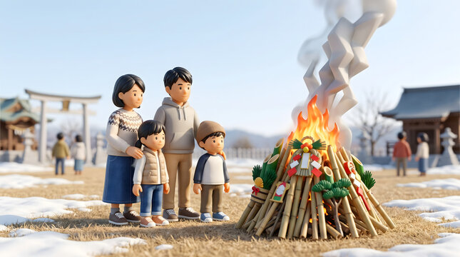 神社の境内で正月飾りを燃やすどんど焼きを見守る4人家族の3Dイラスト
