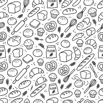 Seamless bakery and bread doodle pattern with croissants, muffins, and baking tools line art.