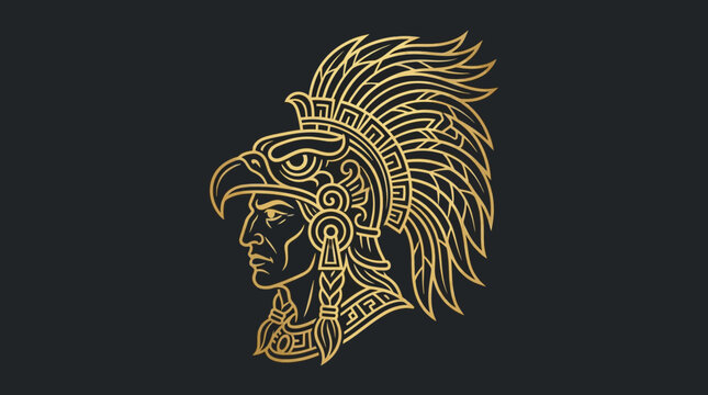 Gold Aztec warrior eagle knight line art illustration mascot on dark background
