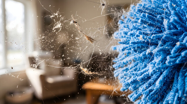 Blue microfiber duster cleaning a dirty window with cobwebs and dust.