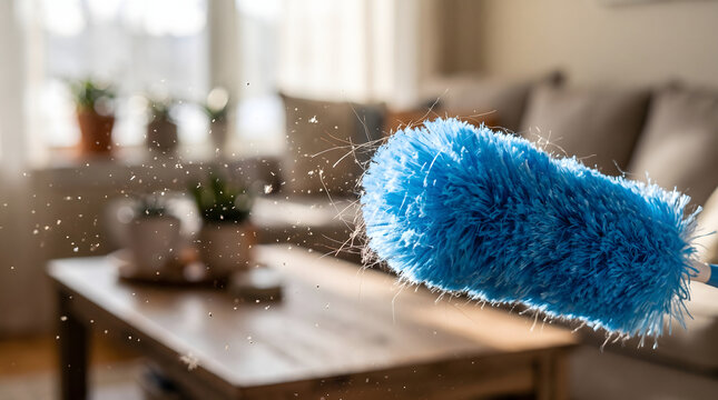 Blue fluffy duster cleaning a wooden coffee table.