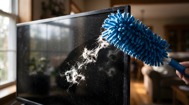 Blue microfiber duster cleaning a dusty black television screen.