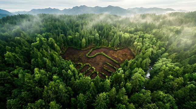 Aerial view of handprint shape in forest clearing