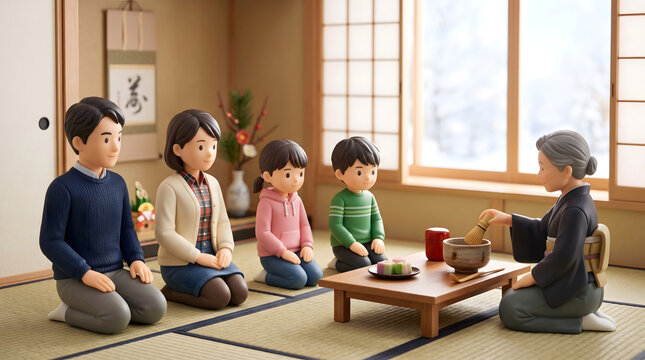 和室でおばあちゃんが点てるお茶を正座して見守る4人家族の3Dイラスト
