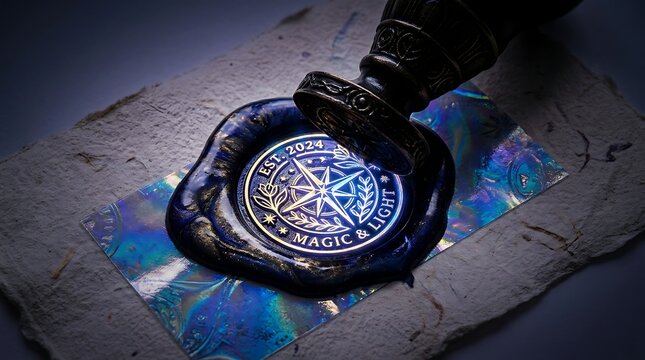 A brass stamp presses a glowing compass seal into dark blue wax on iridescent paper with circular impression with rectangular piece shimmering