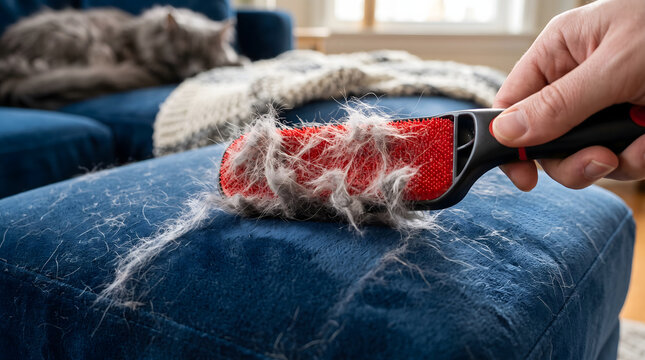 Hand using pet hair remover brush to clean fur from blue sofa upholstery.