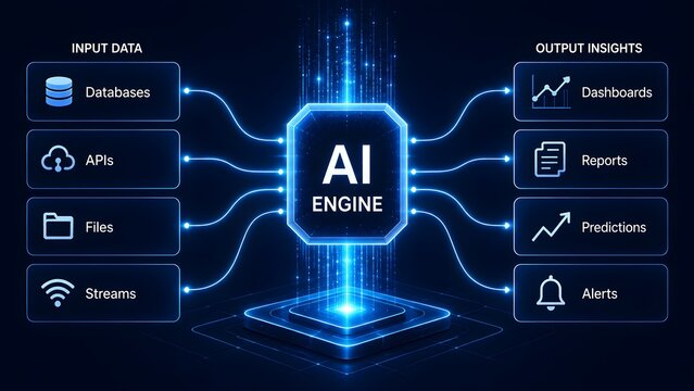 Artificial intelligence engine processing multiple input data streams into predictive analytics and business reporting insights