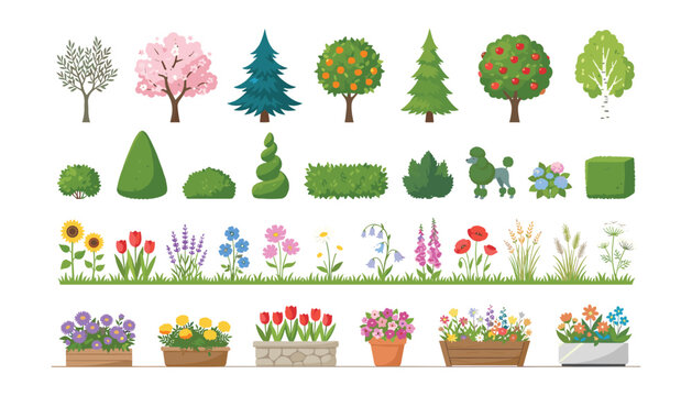 Cartoon garden plants collection set featuring green trees topiary bushes blooming flowers and potted plants isolated on white background