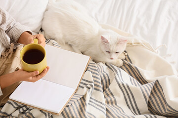 Naklejka premium Little boy with cup of tea and cute cat reading book under blanket on bed, top view