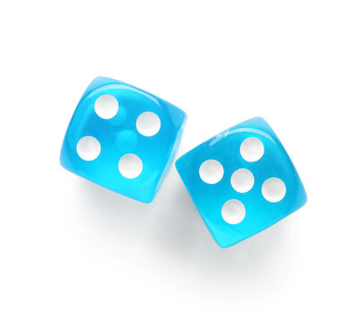 Blue game dices on white background