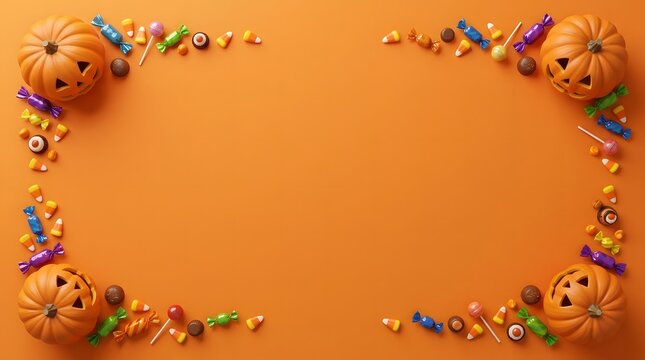 Orange Halloween frame made of cute jack o lanterns and sweet candy.