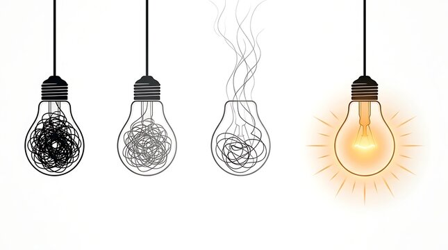 Lightbulb progression from tangled lines to bright idea