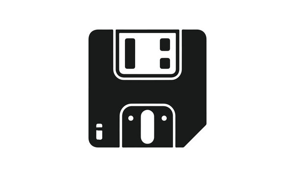 Minimalist black floppy disk icon representing retro data storage and save button function isolated on white background.