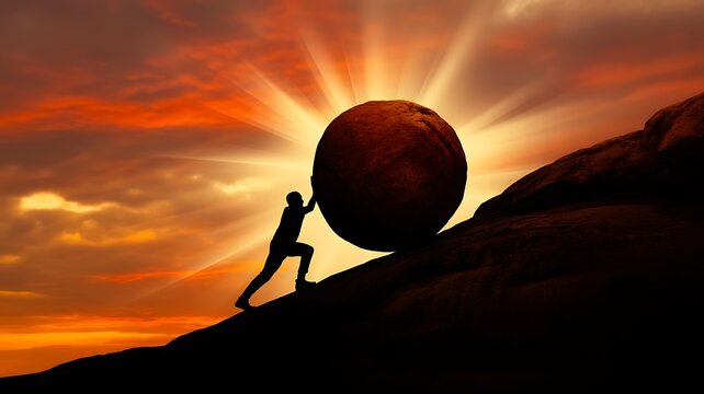 A determined person pushing a large boulder uphill against a vibrant sunset sky representing strength and perseverance