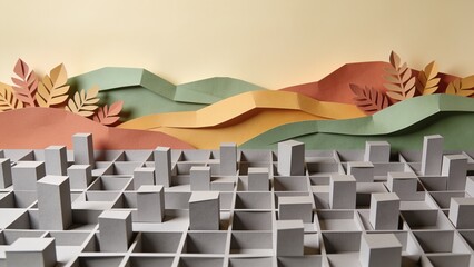 Obraz premium Minimalist papercut art background featuring organic Morandi hills sprouting from gray paper grid