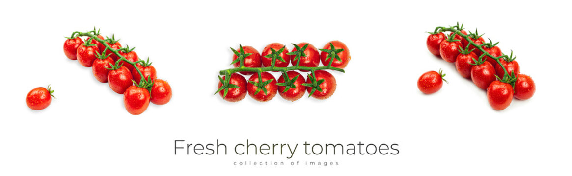 Fresh cherry tomatoes with water drops on a white background.