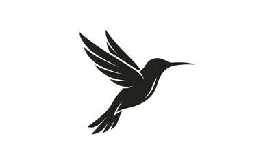 Obraz premium Black hummingbird silhouette flying isolated on white background. Minimalist bird icon with spread wings for nature design.