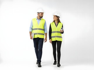 Obraz premium Engineer duo walking side by side in safety gear on white background