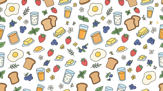 Hand drawn breakfast seamless pattern with egg toast orange juice and berries on white background