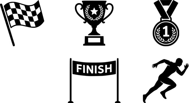 Race Victory Icons. Winning the Race. Solid icon set of Winning the Race: finish line banner, first place medal, trophy cup, checkered flag, runner sprinting
