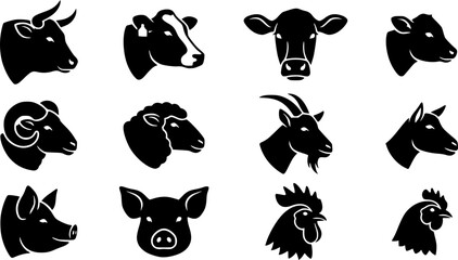 Obraz premium domestic cattle head drawing. sheep chicken pig cow goat engraving black and white monochrome, stroke sketch pencil ink agriculture farm animal husbandry vector illustration See Less