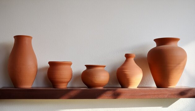 D Clay Earthenware Pottery Vases And Urns On Display On Plain White Wall