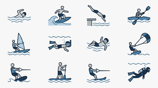 Professional of 12 Water Sports and Swimming Activities with Stylized Figures and Blue Themed Backgrounds
