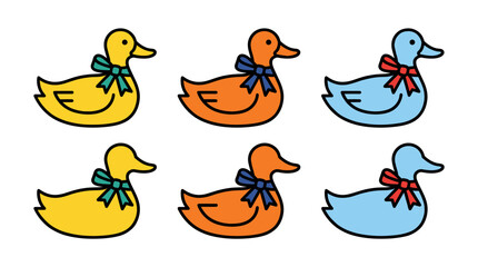 Obraz premium Cartoon rubber duck icons with bows in multiple colors.