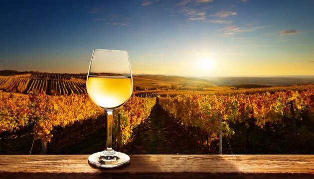 Copa De Vino Blanco En Vina Dorada Al Atardecer
