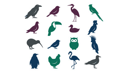 Naklejka premium Different bird silhouettes vector cartoon icons set isolated on white background for wildlife nature logo graphic design