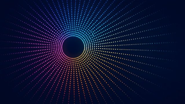 Abstract geometric background featuring radiating circular dot patterns with vibrant neon color gradients for futuristic digital technology concepts