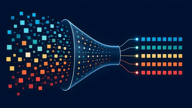Digital information funnel converting scattered unstructured data particles into organized parallel streams for optimized system analytics