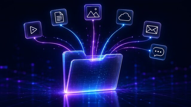 Digital folder ecosystem extracting and distributing multimedia files through glowing network connections for cloud storage management