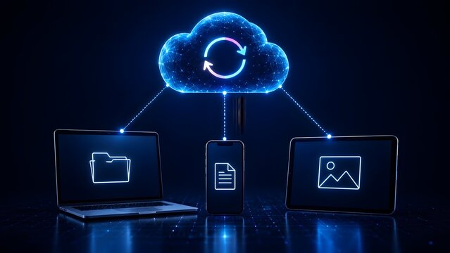 Cloud storage synchronization network connecting laptop smartphone and tablet for wireless data backup and cross device file management