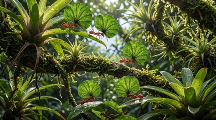 Obraz premium leaf cutter ants carrying green leaves 