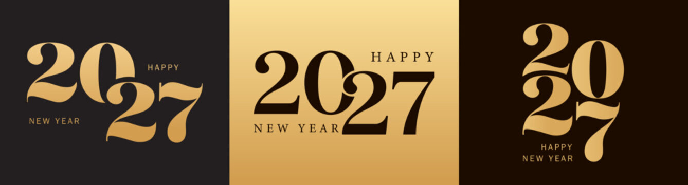 New Year 2027 Gold Card Set with Luxury Golden Number Logo, Elegant Celebration Poster and Festive Holiday Greeting Design
