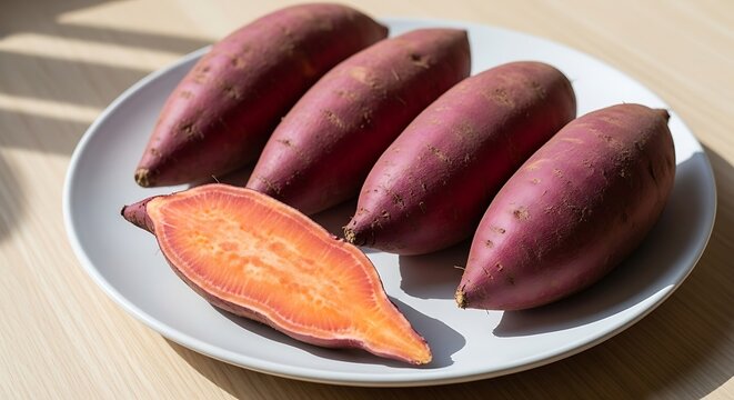 Whole and sliced sweet potatoes on plate.
